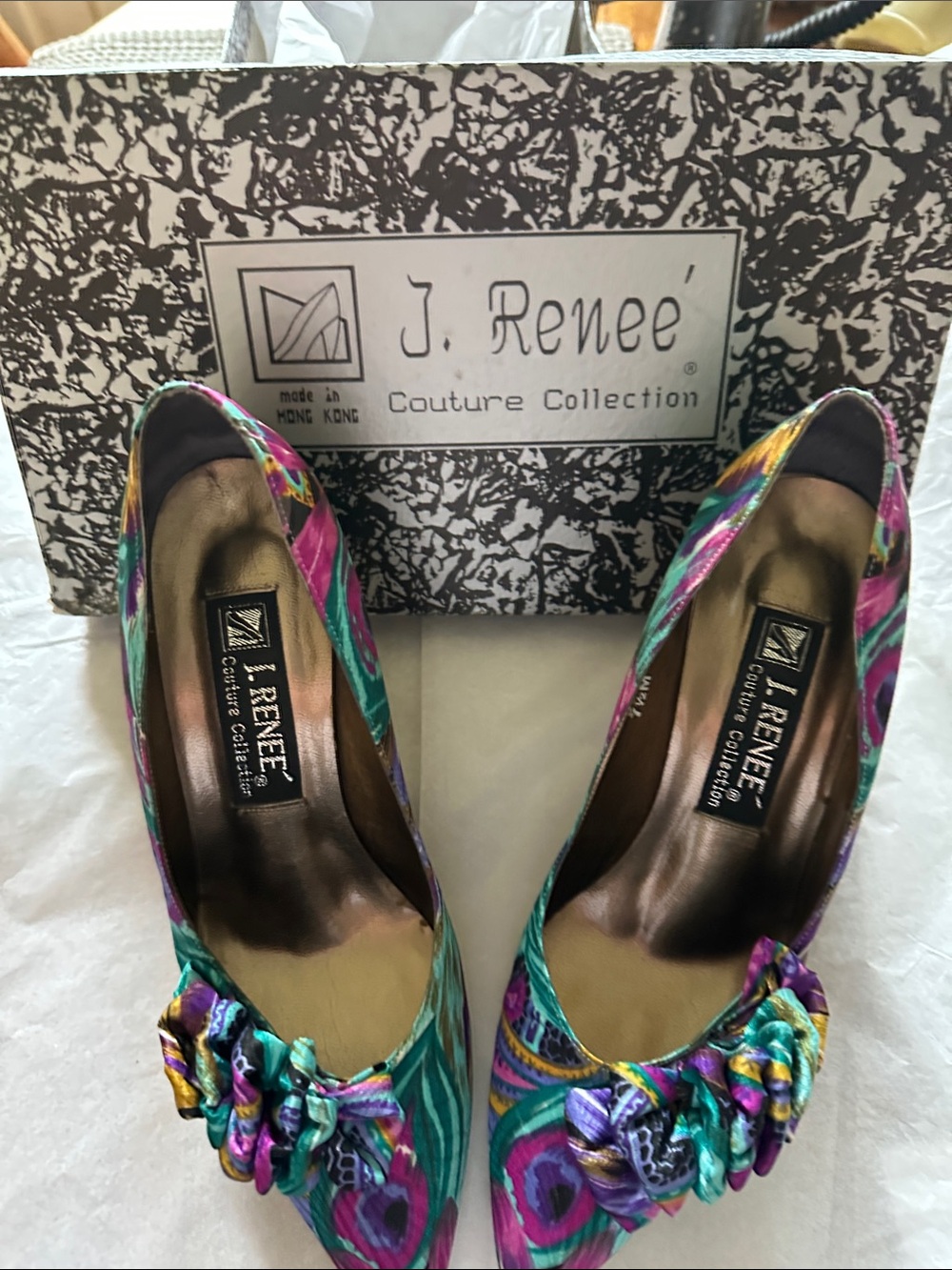 J.Renee Multicolor Satin Pointed Toe Heels with Rosette Detail